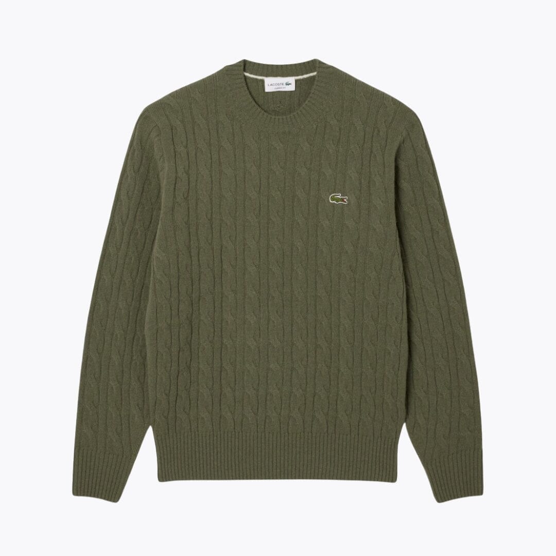 Lacoste Cable Knit Carded Wool Crew Neck Sweater